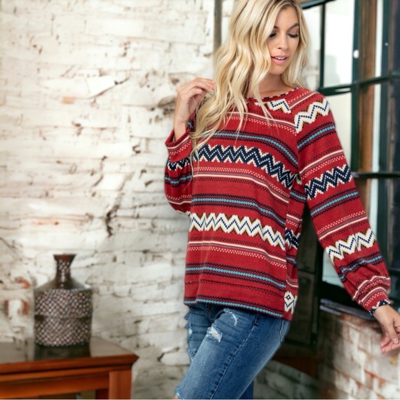 Burgundy Aztec Print Soft Top - Picture 4 of 7